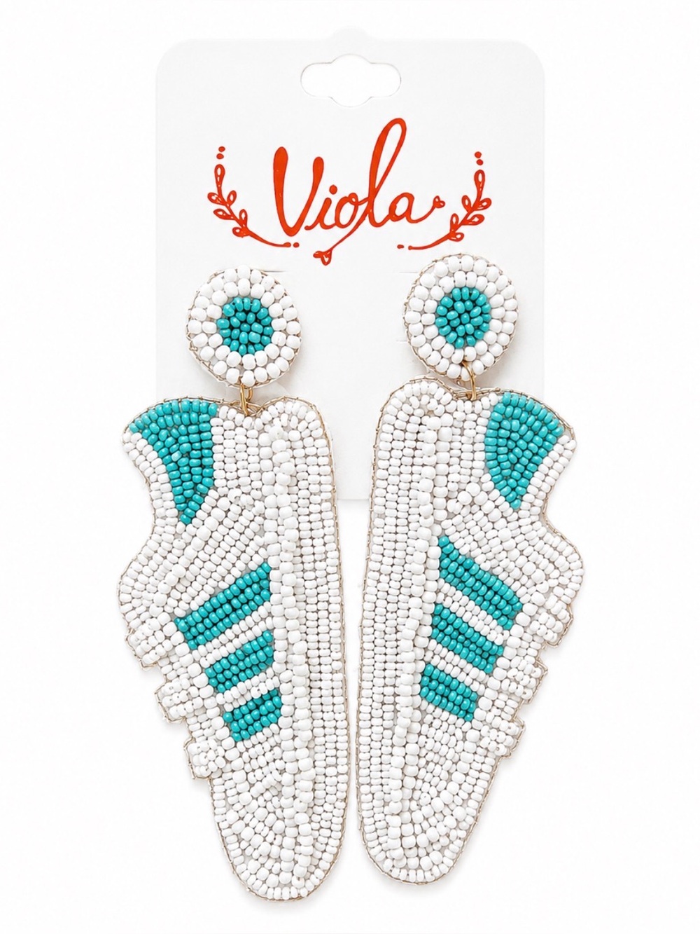 Viola Beaded Athletic Sneaker Statement Earrings White Turquoise Three Stripe Sh